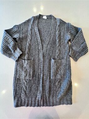BiBi Grey Cable Knit Open-Front Cardigan Pockets Sz Large